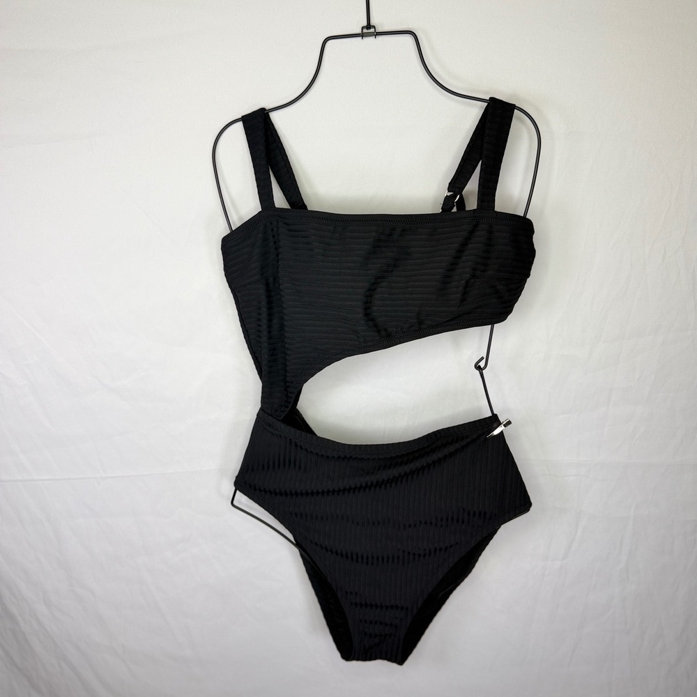 Shade & Shore Swimsuit Womens Large Black Ribbed Cutout One Piece Monokini